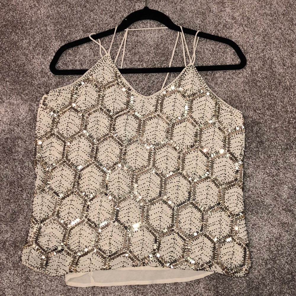 Gold beaded tank top with a strappy back NWT